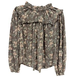 Women's M Boho Peasant Shirt Floral High Neck Ruffle Long Sleeve Brown/Pink ANA